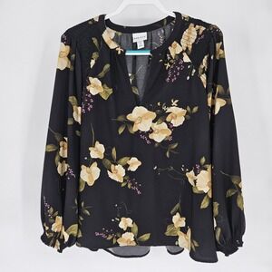 Ava & Viv Floral Blouse Women 1X Black Smocked Shoulder Balloon Sleeve V-Neck